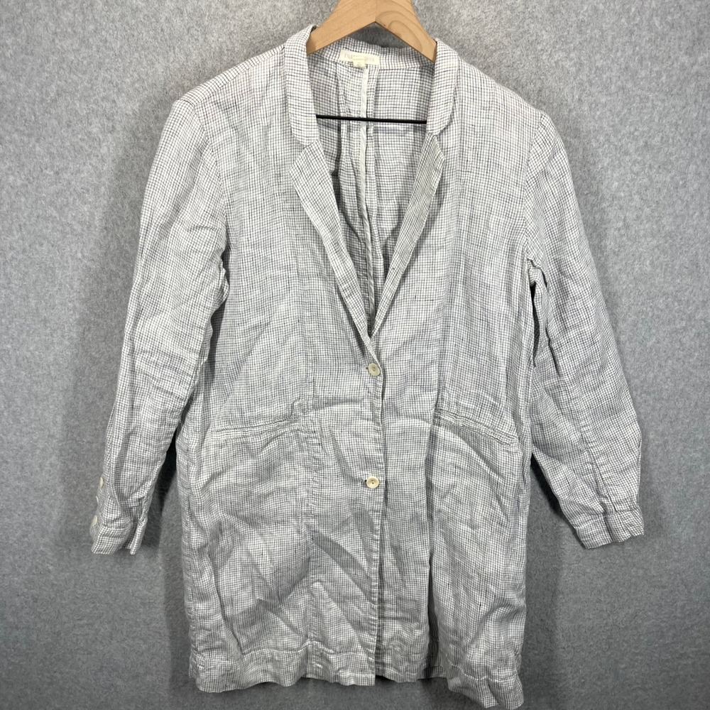 Eileen Fisher Blazer Jacket Womens S White Black Grid Organic Linen Long EUC